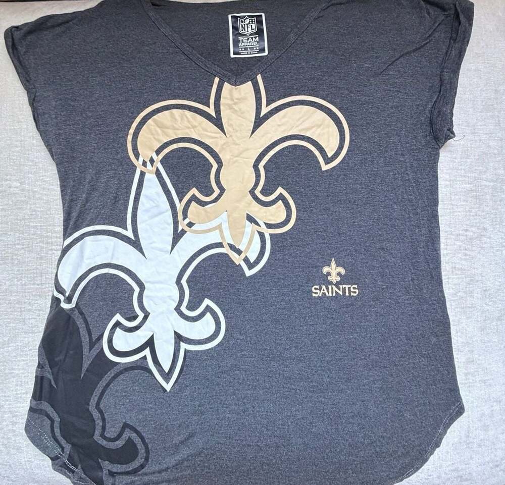 NFL Team Apparel New Orleans Saints V Neck Gray Graphic T Shirt Womens L